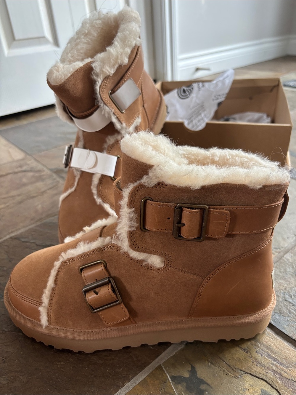 UGG Chestnut Suede Shearling Buckle Ankle Boots